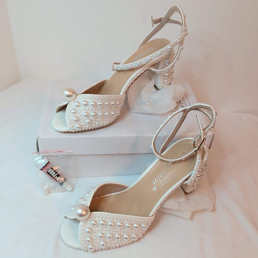 Sacaria Pearl Embellished Strappy Wedding Block Heels